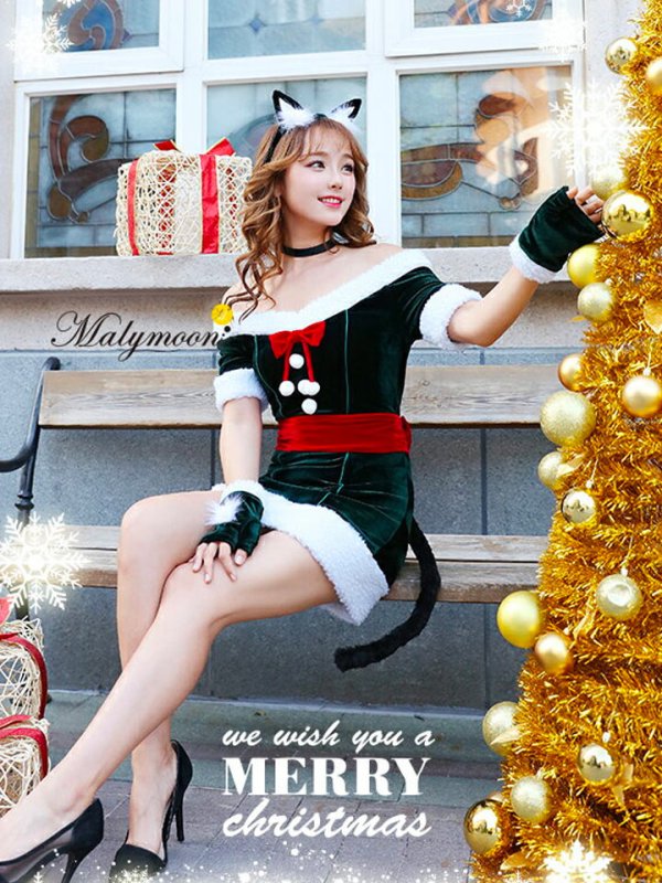 画像1: 【即日発送】【クリスマスコスプレ7点セット】【Malymoon/マリームーン】キャットサンタコスプレ【フリーサイズ/1カラー】[OF03] (1)