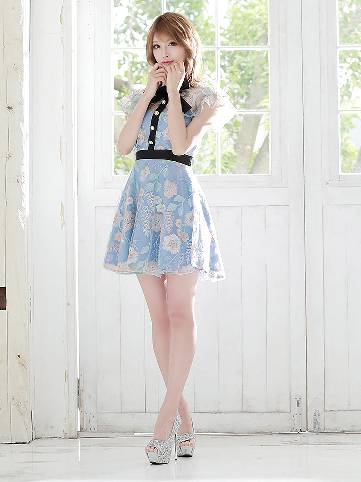 花刺繍ドレス リボン フレアー キャバドレス Aラインミニドレス S Lサイズ 1カラー Of04 Sb