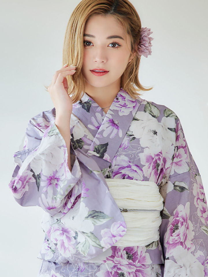 即日発送】【浴衣】大胆に咲き誇る紫×白牡丹浴衣 siwa-k29 / Yhimo-GY 