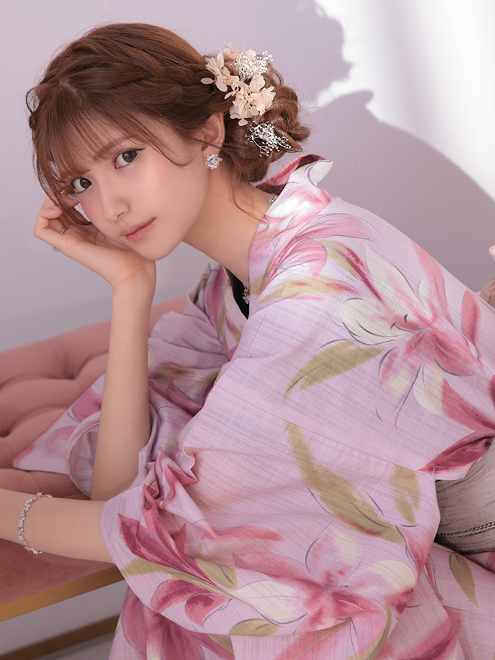 sugar ピンクの百合が咲き誇るガーリー浴衣 siwa36 / ４点セット-